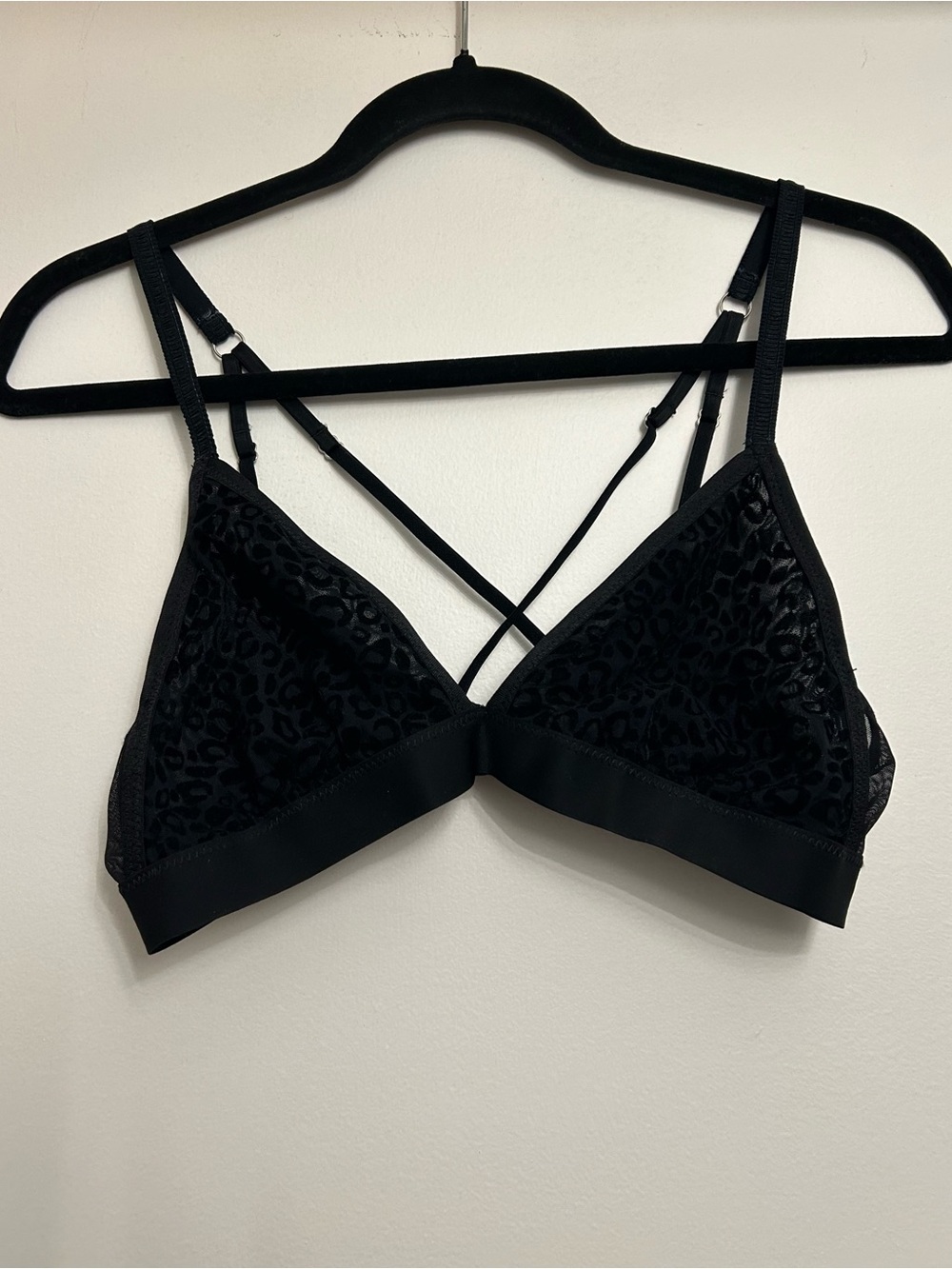 aerie Black Velvet Leopard-Print Bralette with Crisscross Straps